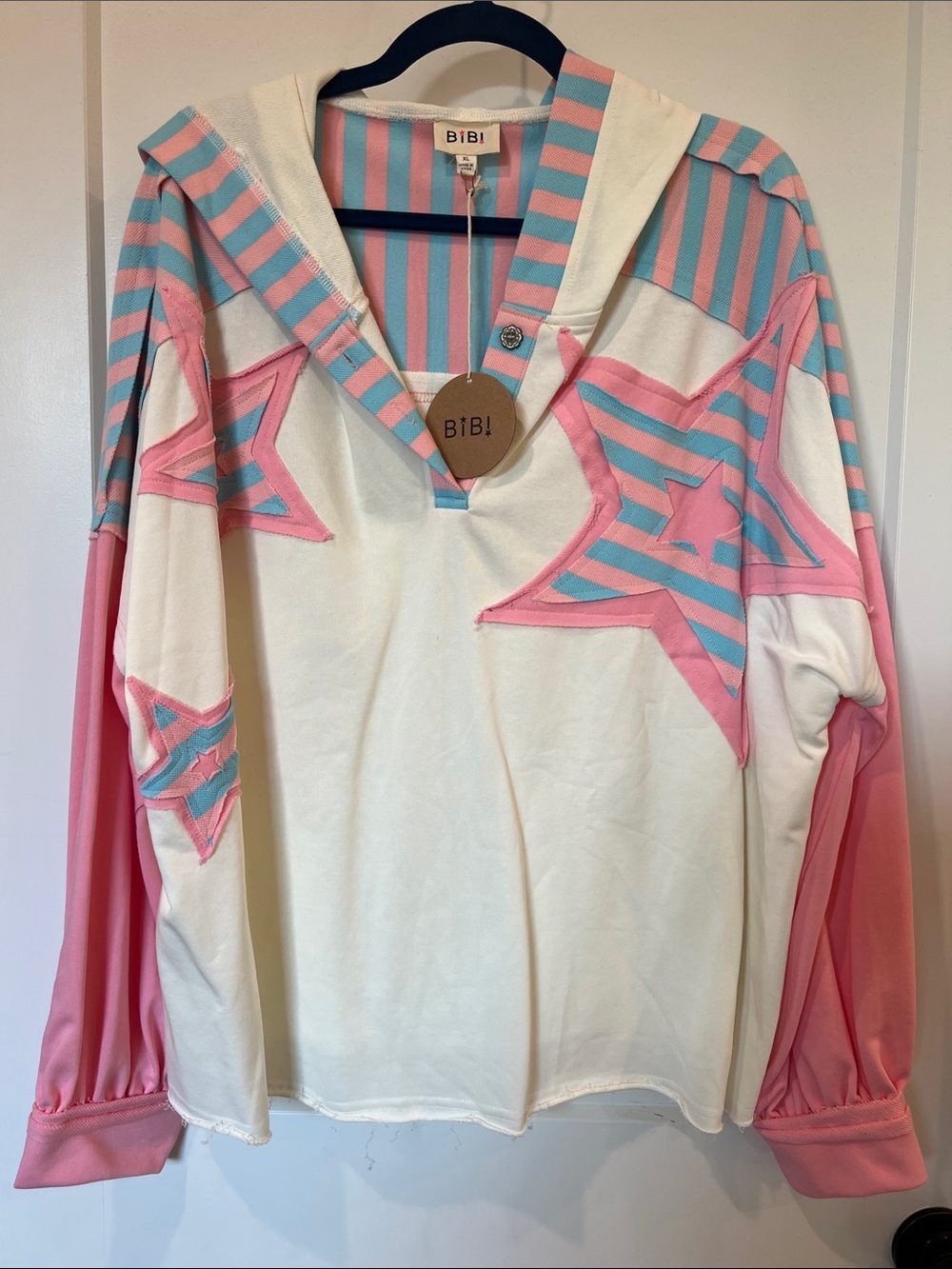 BiBi White Hoodie with Pink & Light Blue Star Stripes XL